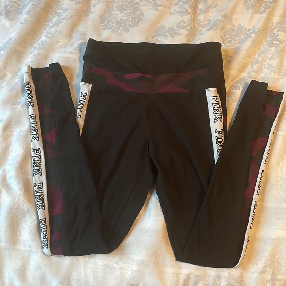 COPY - Pink Yoga leggings black with dark pink camo and logo running down sides…